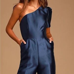 Lulus Navy Blue Satin One-Shoulder Jumpsuit size XS